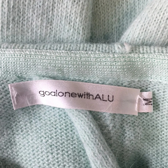 Go Along With ALU Green Knit Crewneck Sweater Womens Medium Split Open Back Soft - Picture 5 of 8